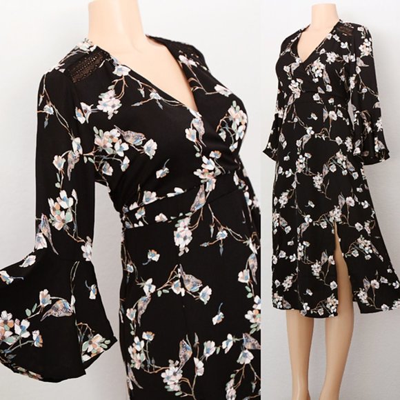 Collective Concepts Dresses & Skirts - NEW Black Floral Bird Wrap V Neck Slit Midi Dress